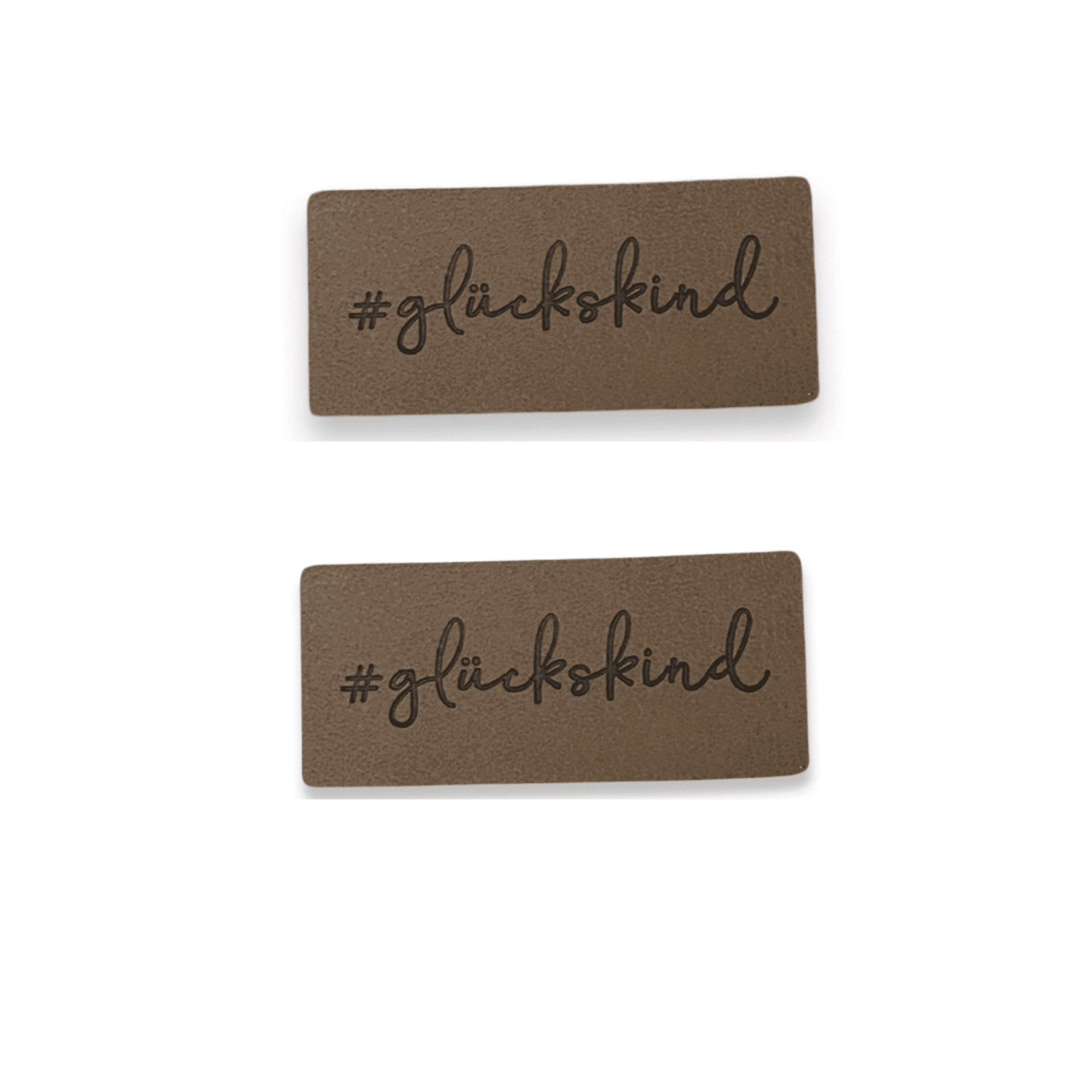 2 Aufnäher Iron-on Kunstlederlabel "#glückskind"