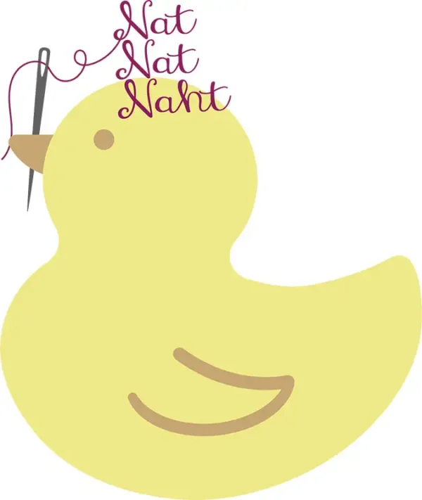 Bild-Schrift-Logo gelbe Ente mit einer Nadel im Schnabel und Schriftzug "Nat, Nat, Naht" aus Faden dargestellt.